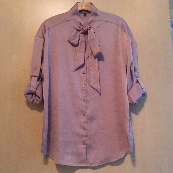 Express Tops - Pink Satin Tie Bow Neck Blouse